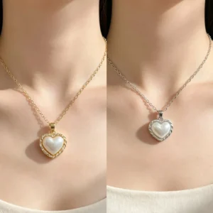 Collar Acero corazón con perla sintética, borde trenzado (plata / dorado)