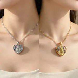 Collar Acero Virgen de Guadalupe corazón dorado y plateado con piedras multicolores