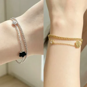 Pulsera doble trébol y rosa fina "Xiyu"