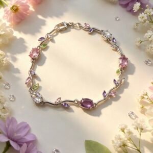 PULSERA TULIPAN PLATEADA DIAMANTE ROSA HOJAS BLANCAS Y MORADAS MS-3336