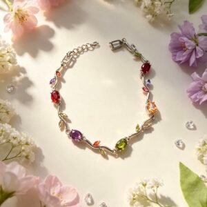 PULSERA TULIPAN PLATEADA DIAMANTE ROJO HOJAS ROJAS Y MORADAS MS-3336