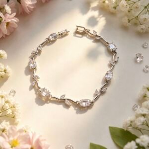 PULSERA TULIPAN PLATEADA DIAMANTE BLANCO HOJAS BLANCAS MS-3336