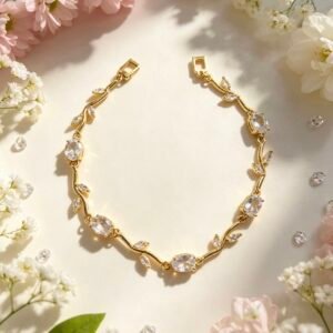 PULSERA TULIPAN DORADA DIAMANTE BLANCO HOJAS BLANCAS MS-3336
