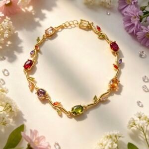 PULSERA TULIPAN DORADA DIAMANTE ROJO HOJAS ROJAS Y MORADAS MS-3336