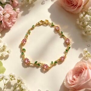 PULSERA TULIPAN DORADA DIAMANTE ROSA HOJAS VERDES MS-3336