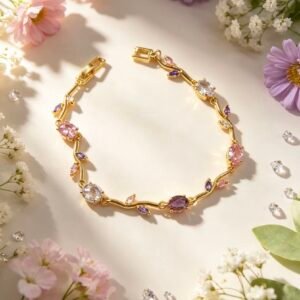 PULSERA TULIPAN DORADA DIAMANTE ROSA HOJAS MORADAS Y BLANCAS MS-3336