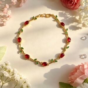 PULSERA TULIPAN DORADA DIAMANTE ROJO HOJAS VERDES MS-3336